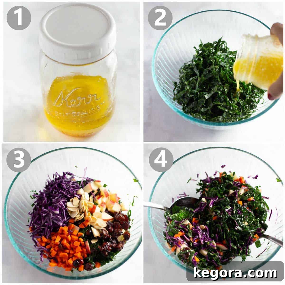 Step-by-step visual guide on how to make a delicious kale salad.