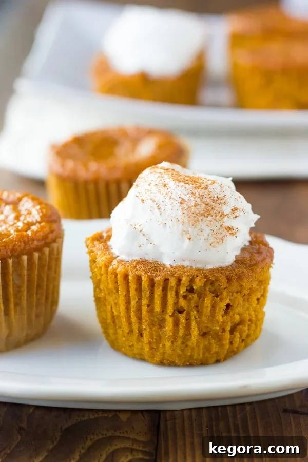 A beautifully composed shot of a single gluten-free crustless pumpkin pie cupcake, adorned with a swirl of whipped cream, resting on a clean white plate, ready to be enjoyed.
