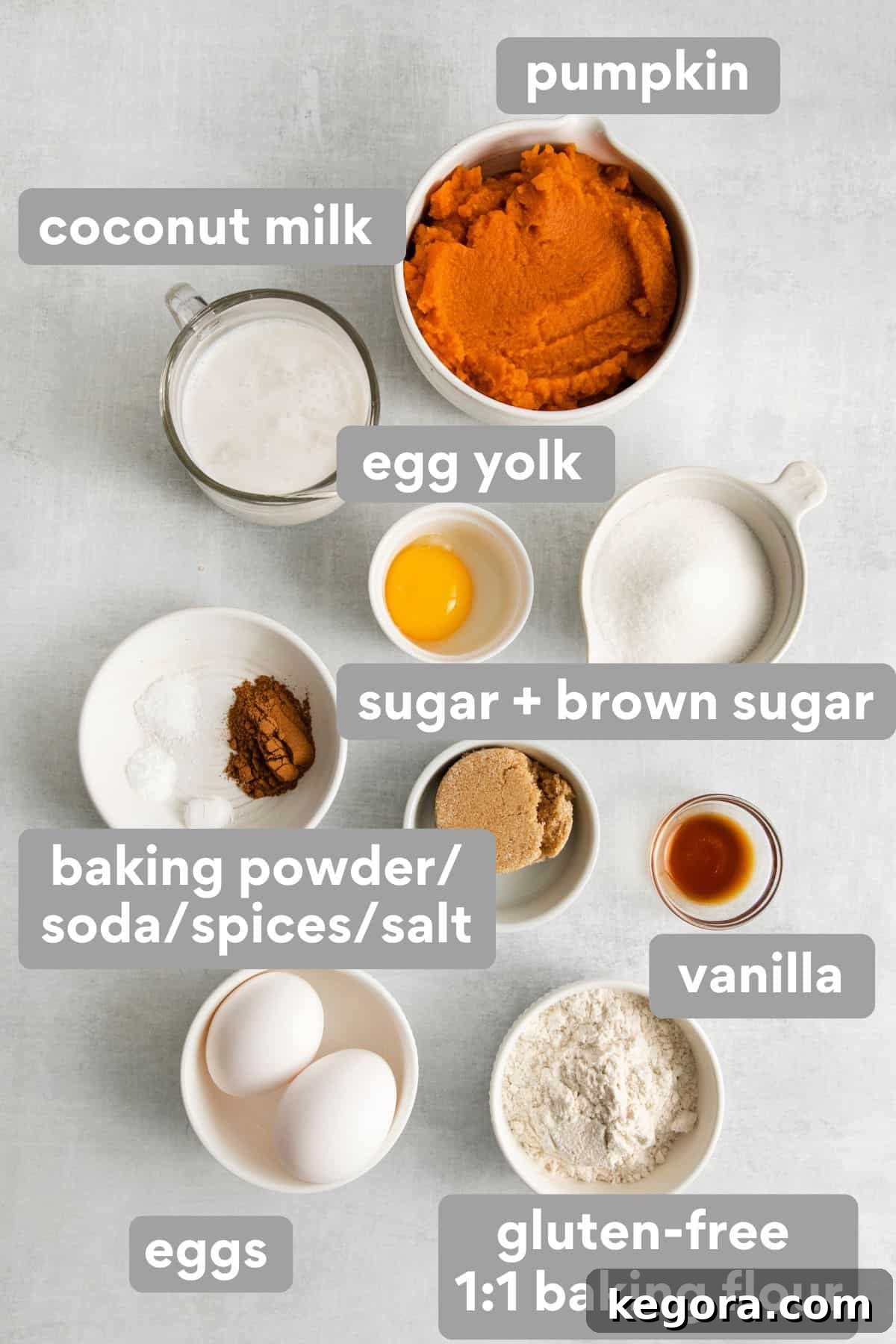 An overhead shot showcasing all the essential ingredients laid out on a white surface, meticulously arranged for making crustless pumpkin pie cupcakes.