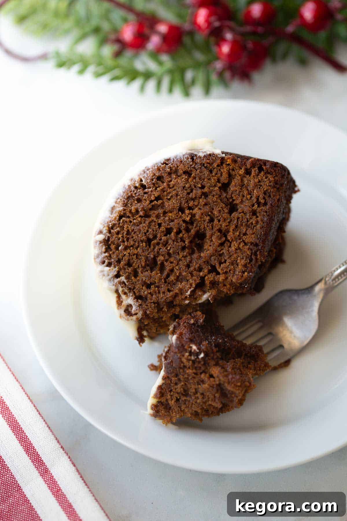 Gluten-Free Gingerbread Cake A perfect slice of gluten-free gingerbread cake sitting on a pristine white plate, showcasing its moist texture.