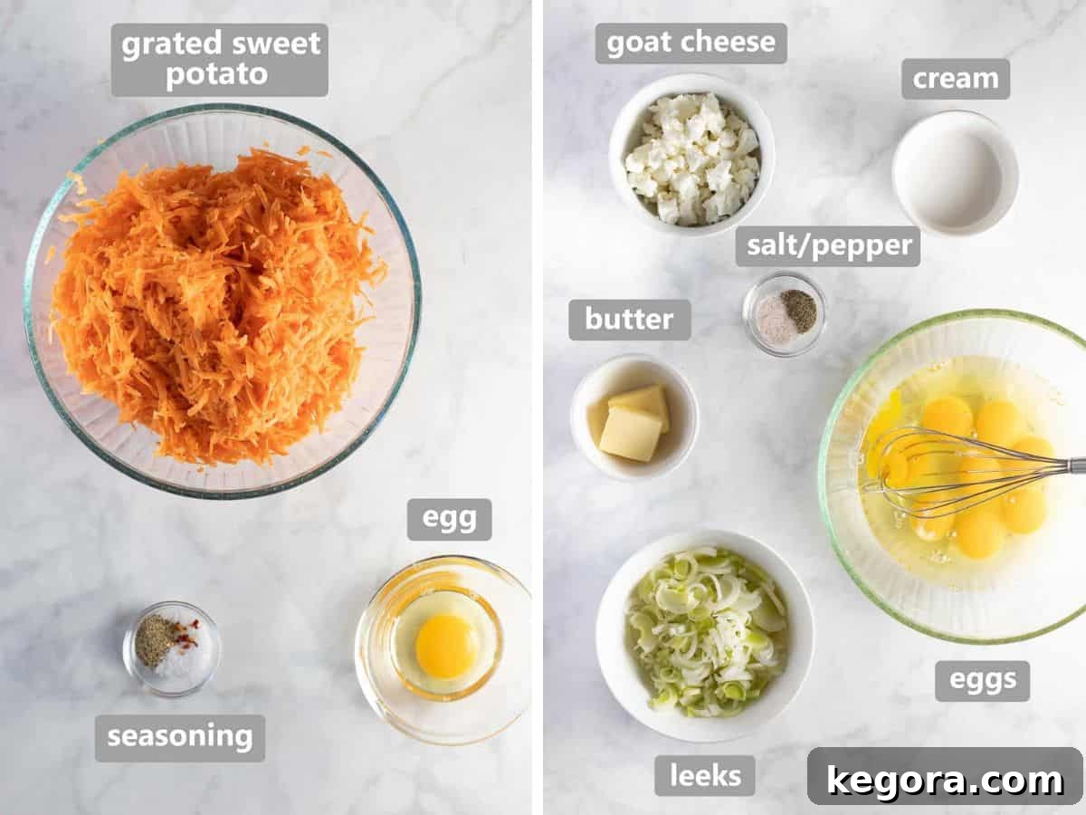 Golden Sweet Potato Quiche with Creamy Goat Cheese and Leeks 4 Overhead shot of fresh ingredients laid out for making sweet potato quiche, including sweet potatoes, leeks, eggs, and goat cheese