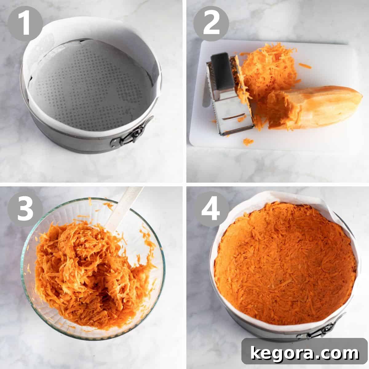 Golden Sweet Potato Quiche with Creamy Goat Cheese and Leeks 5 Step-by-step image showing how to prepare the sweet potato crust, including grating and pressing into a pan