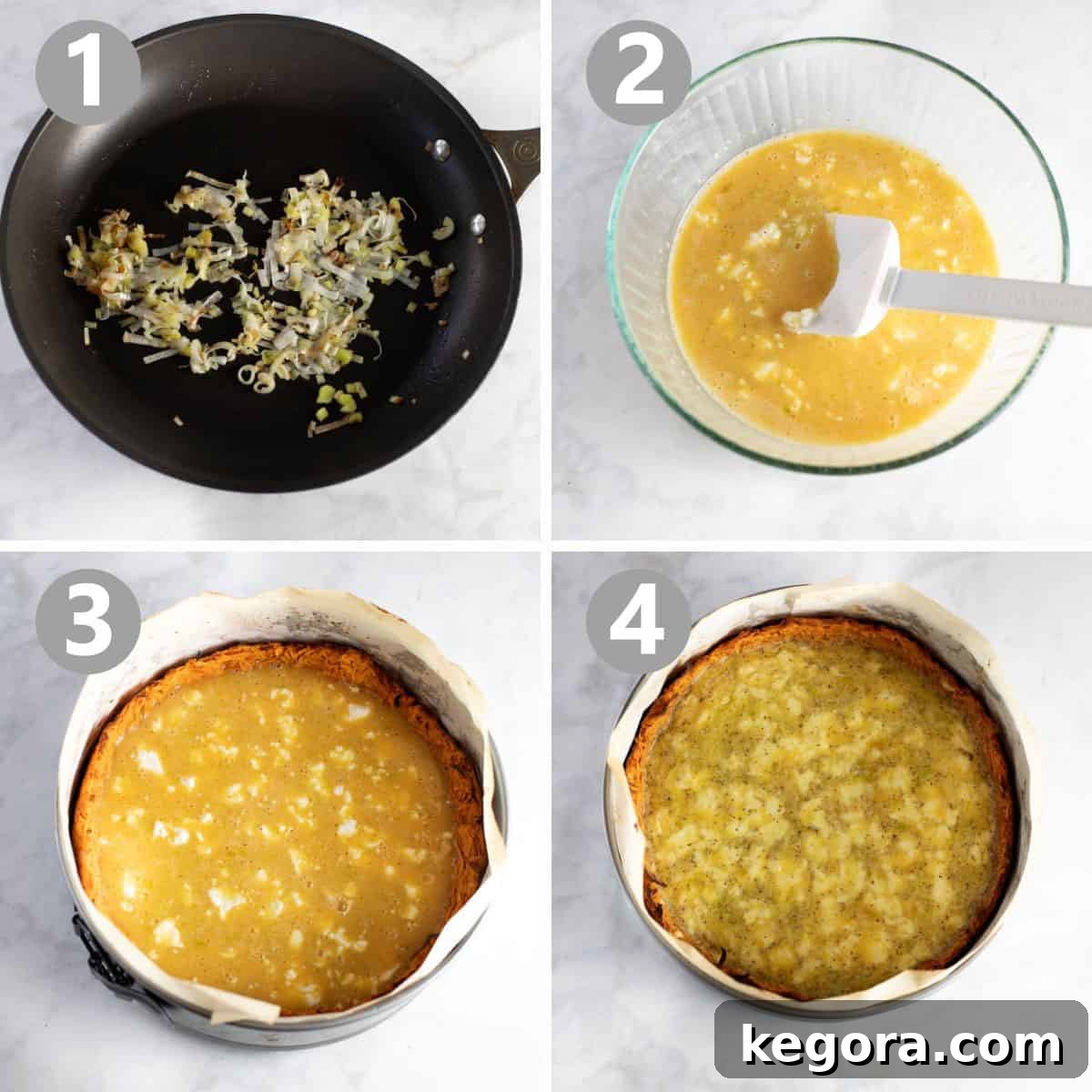 Golden Sweet Potato Quiche with Creamy Goat Cheese and Leeks 6 Step-by-step image showing the process of making the quiche filling, including sautéing leeks and whisking eggs