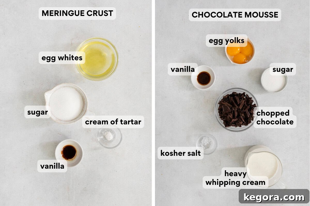 Two groups of ingredients laid out on a countertop for Chocolate Angel Pie, with meringue crust components on the left and chocolate mousse components on the right, neatly arranged.
