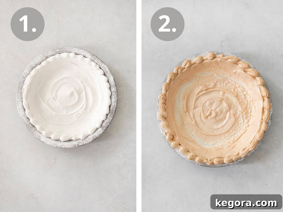 A two-part image showing the initial steps of making Chocolate Angel Pie: on the left, an unbaked meringue crust spread in a pie dish; on the right, the same meringue crust after baking, golden and set.