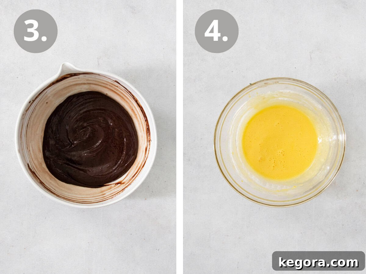 A split image displaying key steps for Chocolate Angel Pie: on the left, rich melted chocolate in a bowl; on the right, egg yolks whisked with sugar in a bowl, ready for tempering.