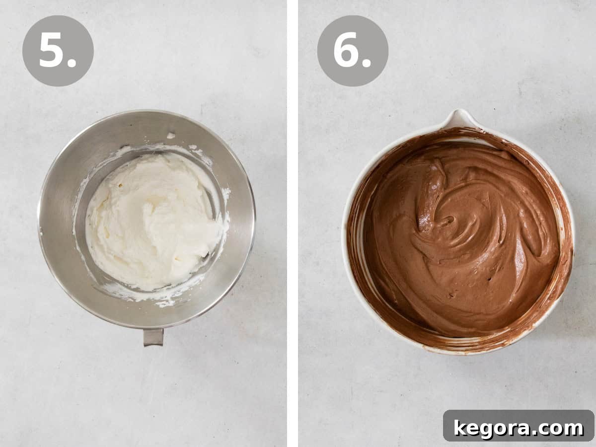 A two-panel image showing the creation of Chocolate Angel Pie: on the left, fluffy whipped cream in a large mixing bowl; on the right, the cooled chocolate mixture being gently folded into the whipped cream until smooth.