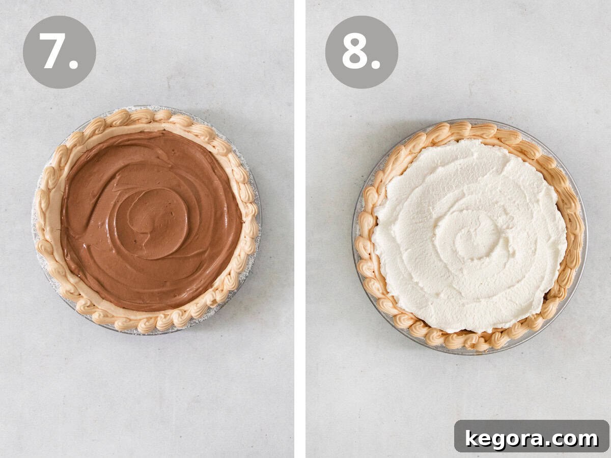 A sequential image depicting the final steps of Chocolate Angel Pie: on the left, the chocolate angel pie filling perfectly smoothed into the baked meringue crust; on the right, the finished pie generously topped with light whipped cream.