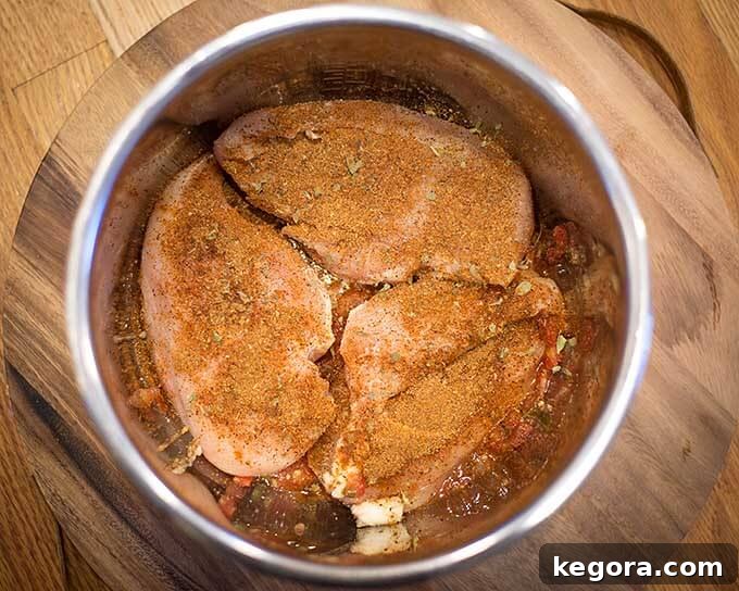 Zesty Instant Pot Salsa Chicken 3 Three seasoned chicken breasts in pressure cooker pot