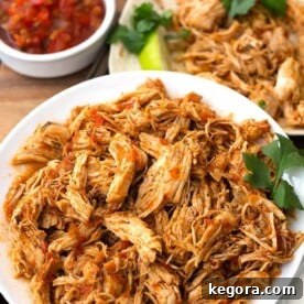 Zesty Instant Pot Salsa Chicken 8 Instant Pot Salsa Chicken is Mexican flavored shredded chicken breast that you can use for tacos, burrito bowls, and casseroles. Lots of flavor, and this pressure cooker shredded chicken is so useful! simplyhappyfoodie.com #instantpotrecipes #instantpotsalsachicken #instantpotshreddedchicken #Instantpotchickenbreast #pressurecookerchicken