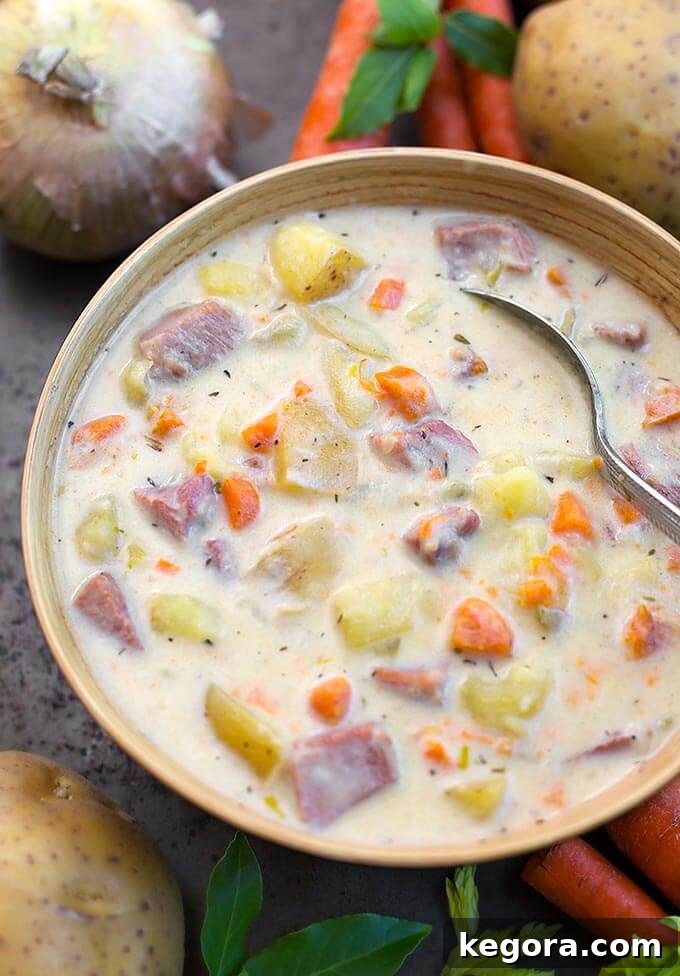 The Most Beloved Instant Pot Dishes of 2017 3 A comforting bowl of Instant Pot Potato Ham Soup, garnished with fresh herbs, served in a beige bowl with a spoon, surrounded by rustic vegetables.