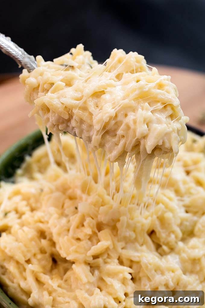Close up of a spoonful of creamy Instant Pot Cheesy Garlic Orzo pasta over a vibrant green bowl, highlighting the rich texture and delicious cheese pull.