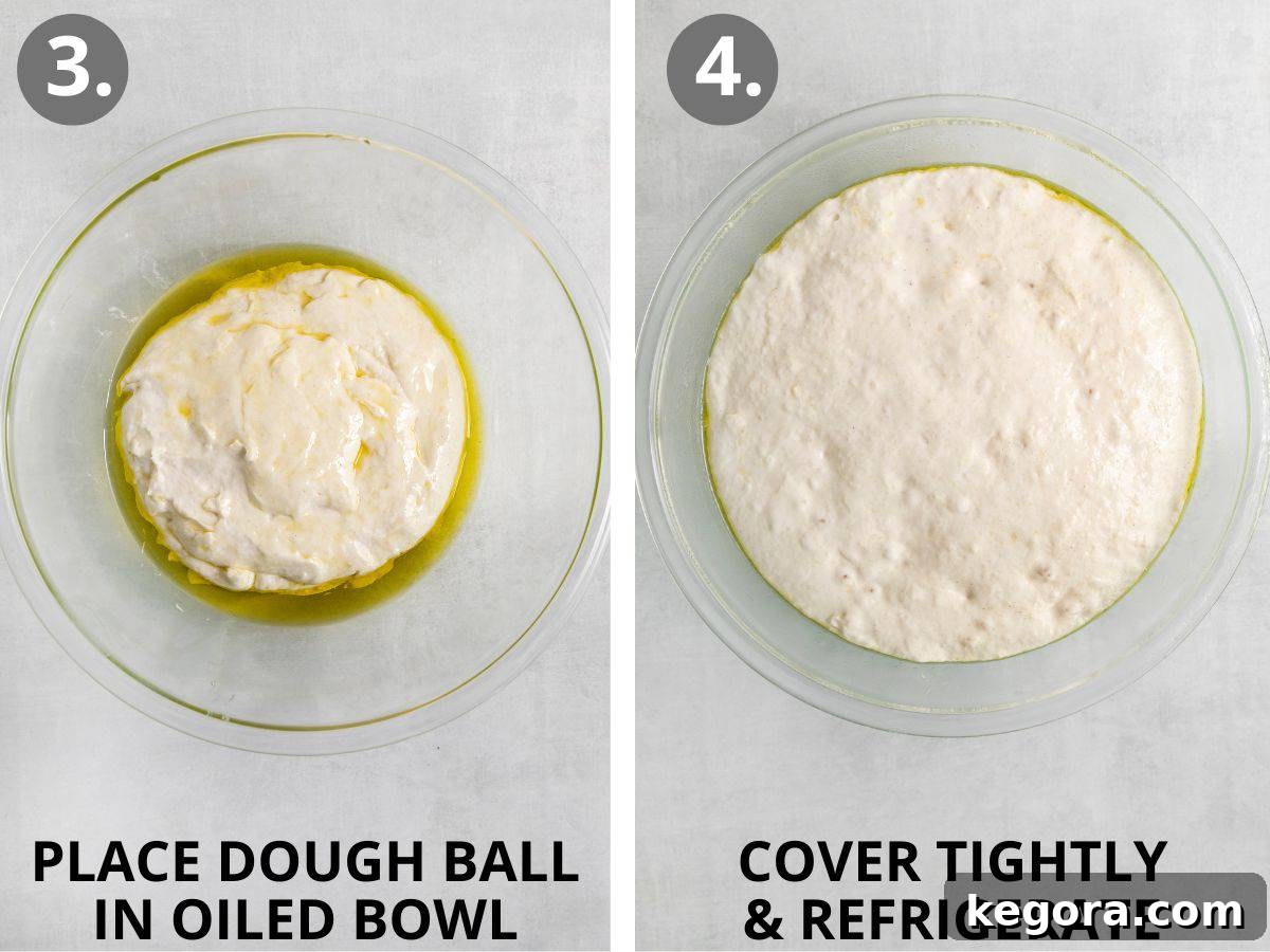 No Knead Overnight Gluten Free Focaccia with Caputo Flour 6 Steps showing the dough being placed into an oiled bowl, covered, and then refrigerated for chilling.