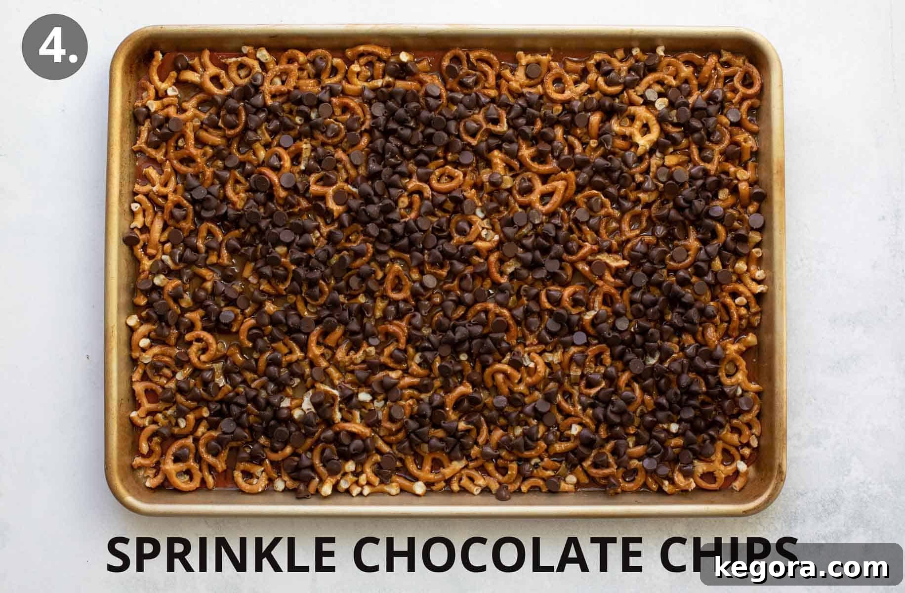 Festive Gluten-Free Pretzel Delights 7 Chocolate chips sprinkled over the hot caramel and pretzel layer