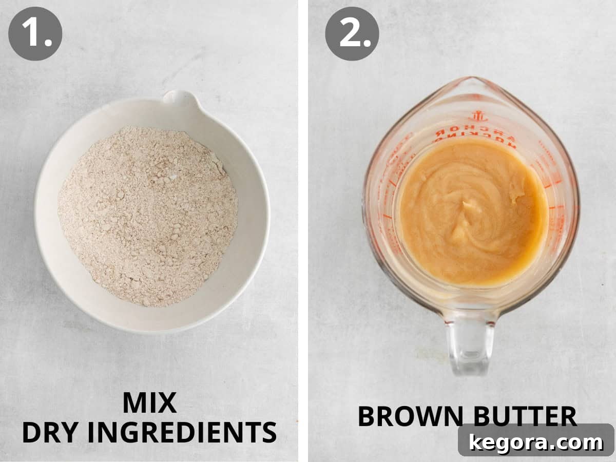 Separate bowls displaying dry ingredients and cooled brown butter, ready to be combined for gluten-free pumpkin snickerdoodles.