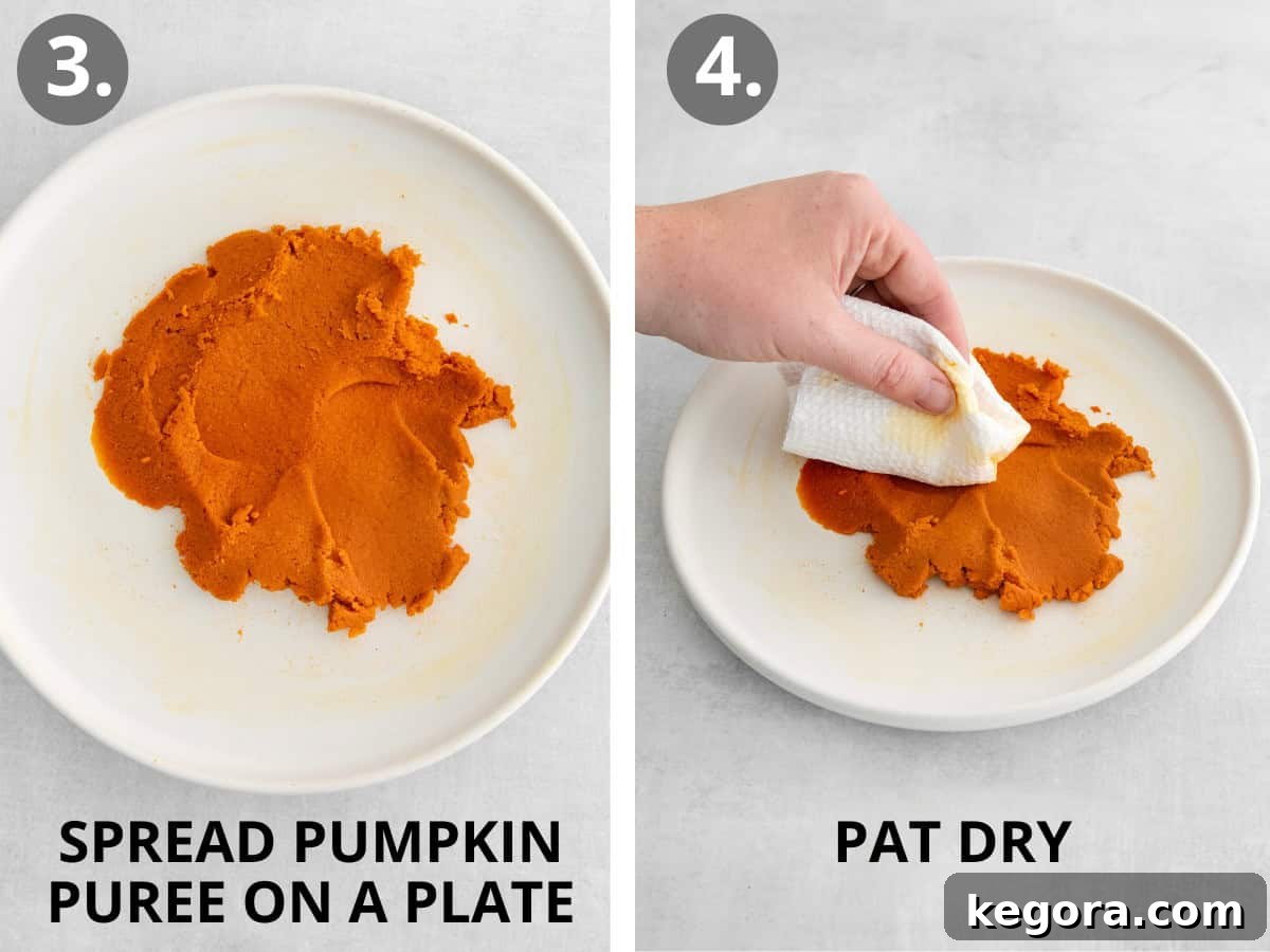 Pumpkin puree spread thinly on a plate and patted dry with paper towels, a key step for chewy gluten-free pumpkin snickerdoodles.