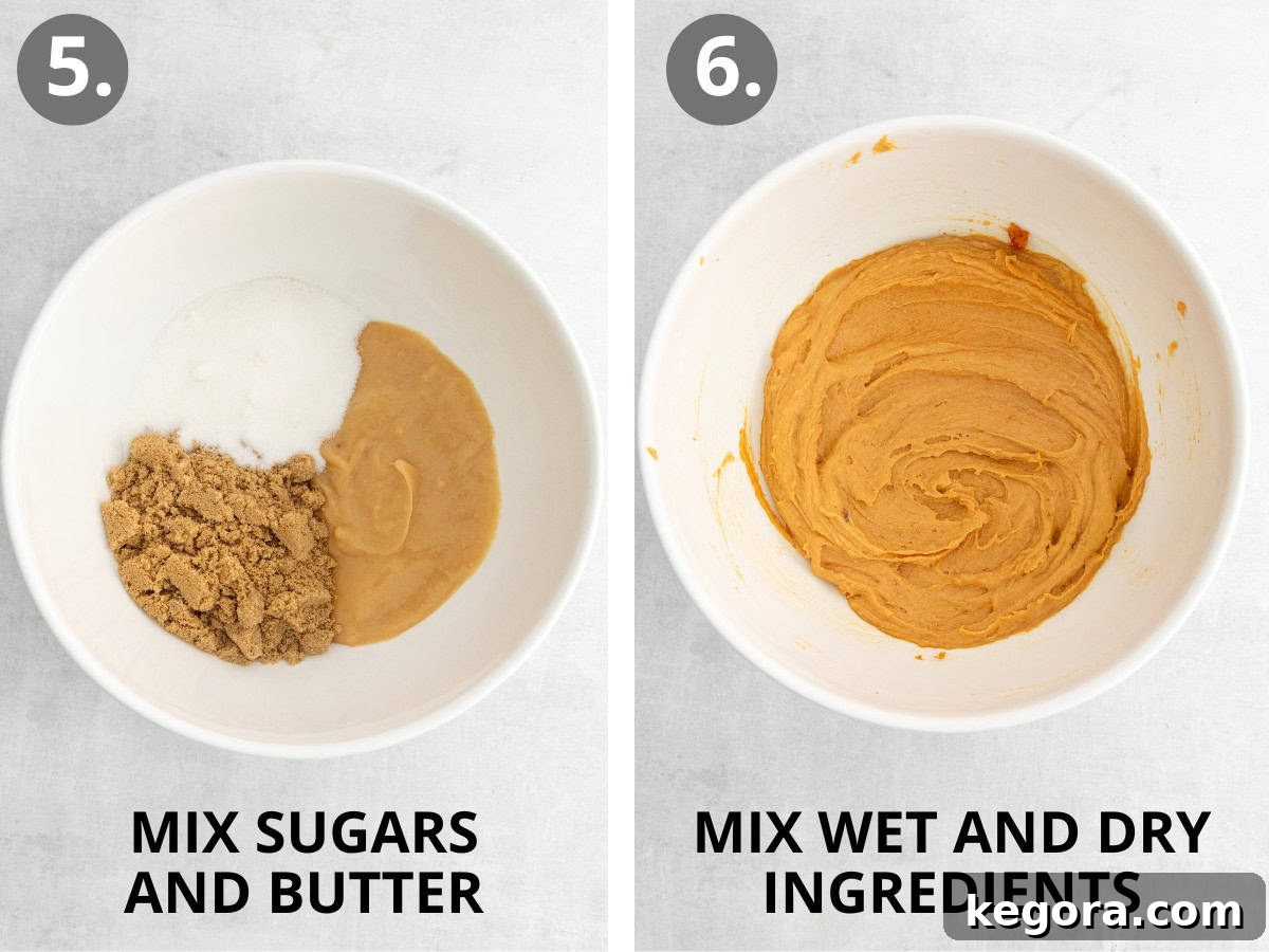 A bowl showing granulated and brown sugars separated, then mixed with cooled brown butter and other wet ingredients for gluten-free pumpkin snickerdoodle dough.