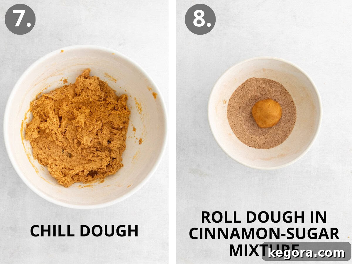 Chilled cookie dough in a bowl, and a portion of dough being rolled in a cinnamon-sugar mixture before baking, for gluten-free pumpkin snickerdoodles.