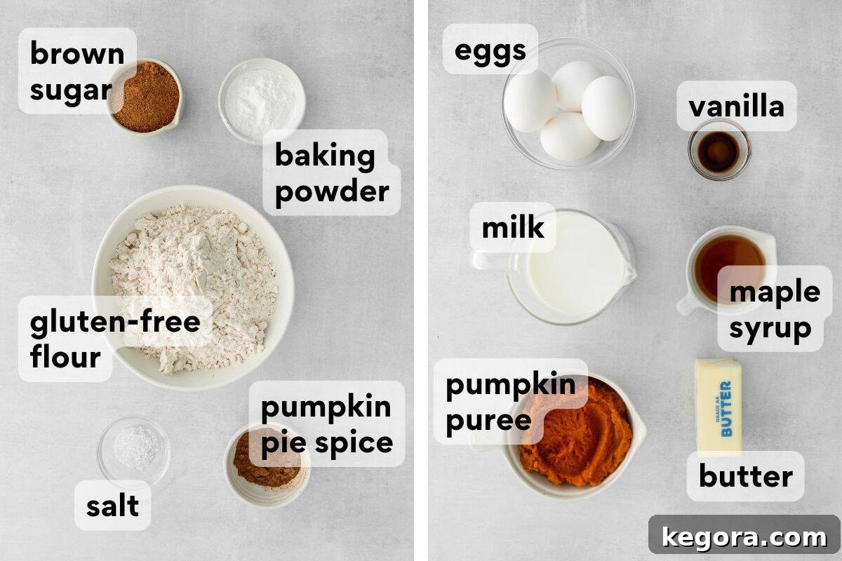 Fluffy Gluten-Free Pumpkin Waffles 4 Assorted pumpkin waffle ingredients neatly measured and displayed in individual bowls, including gluten-free flour, pumpkin puree, eggs, and spices.