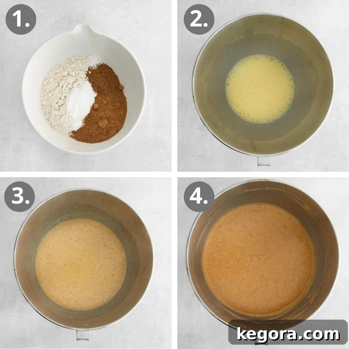Fluffy Gluten-Free Pumpkin Waffles 5 Visual steps illustrating the mixing of dry and wet ingredients separately before combining them to form the pumpkin waffle batter.