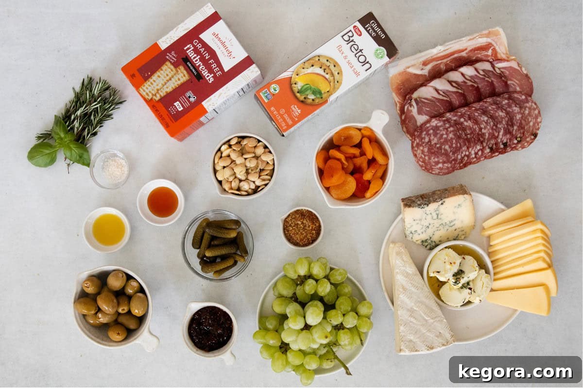 Gluten Free Grazing Board 5 Various ingredients for a gluten-free charcuterie board laid out on a kitchen countertop.