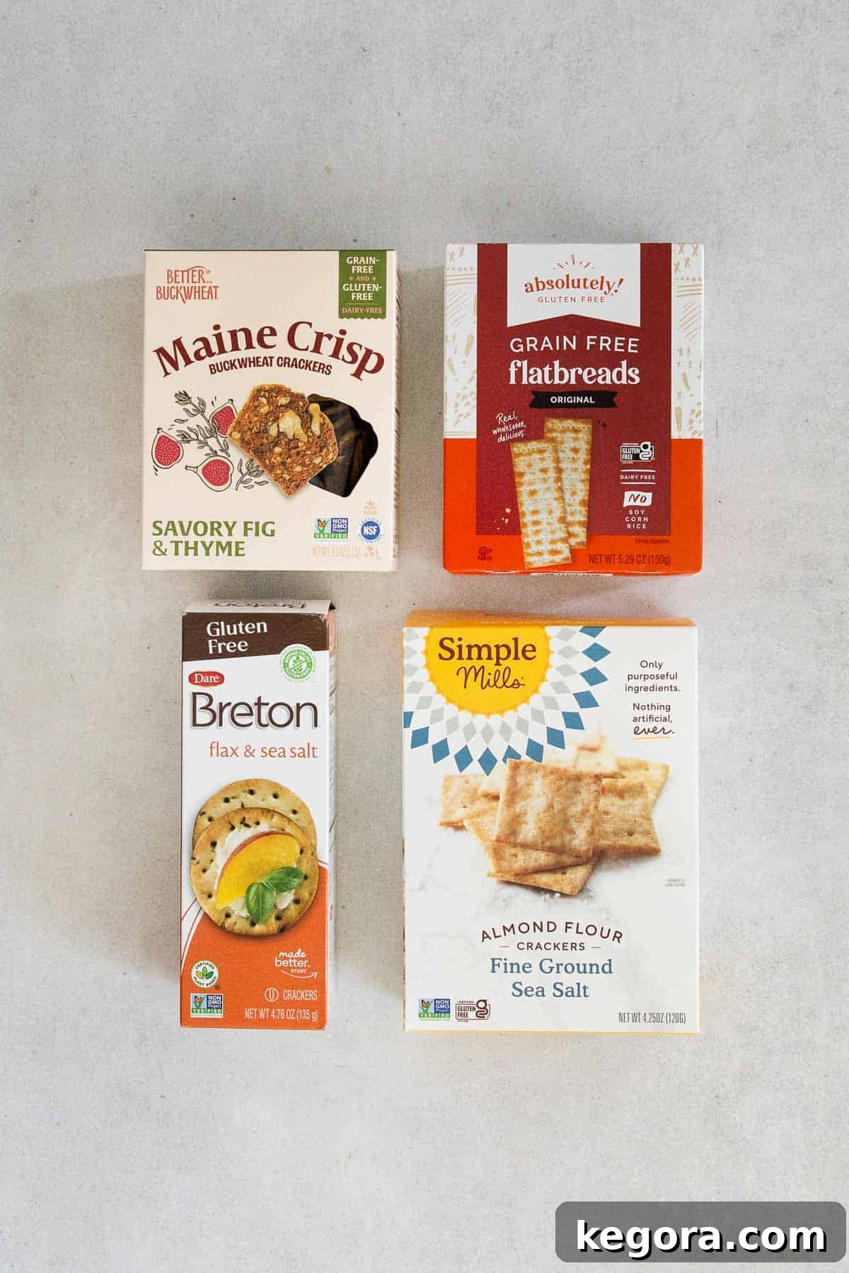 Gluten Free Grazing Board 6 A selection of four favorite gluten-free crackers arranged for charcuterie.