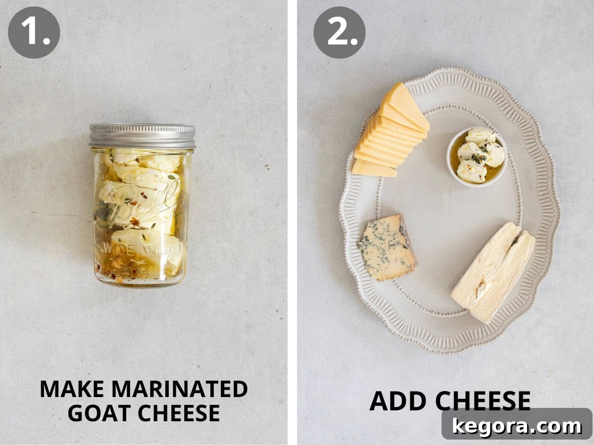 Gluten Free Grazing Board 7 Marinated goat cheese in a glass jar and various cheeses artfully scattered on a serving platter.