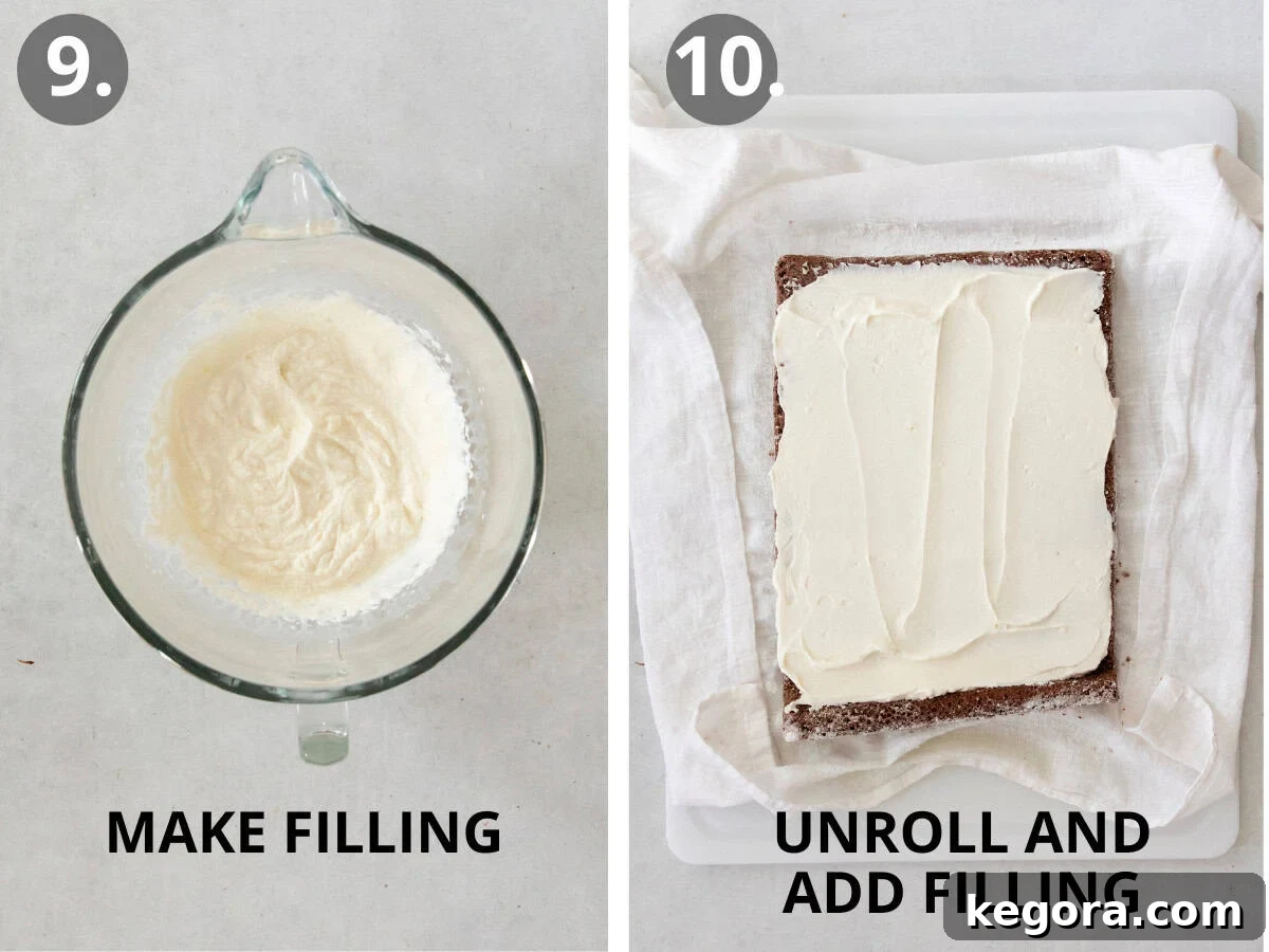 Festive Gluten Free Log Delight 11 Process photo showing the creamy filling in a bowl and the unrolled yule log cake with filling spread evenly