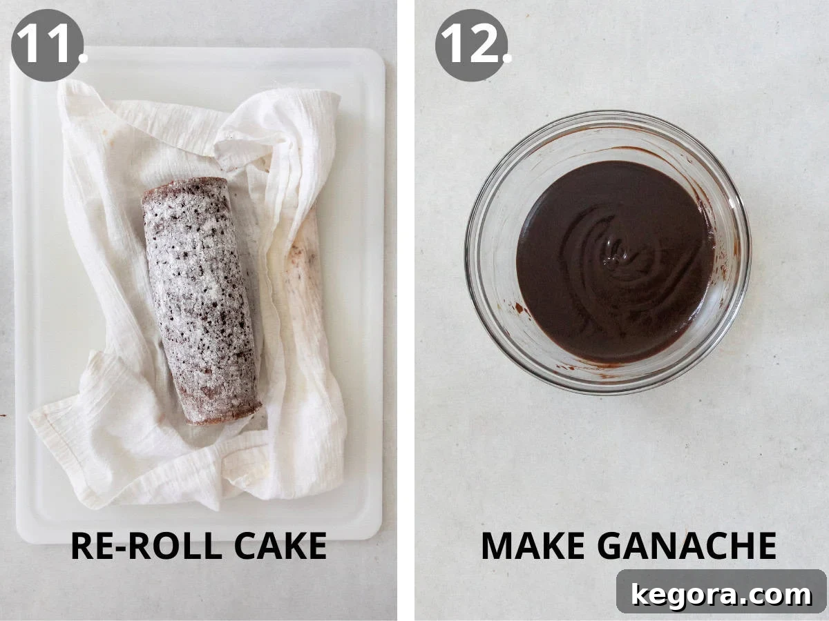 Festive Gluten Free Log Delight 12 Process photo showing the filled yule log rolled up and wrapped, and the prepared chocolate ganache in a bowl