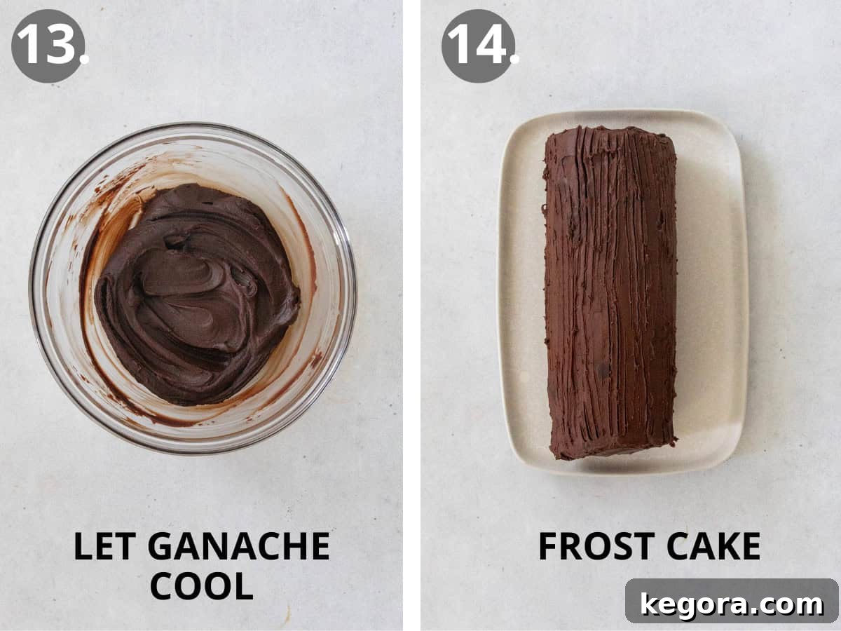 Festive Gluten Free Log Delight 13 Process photo showing the finished gluten-free chocolate yule log frosted and decorated with festive garnishes