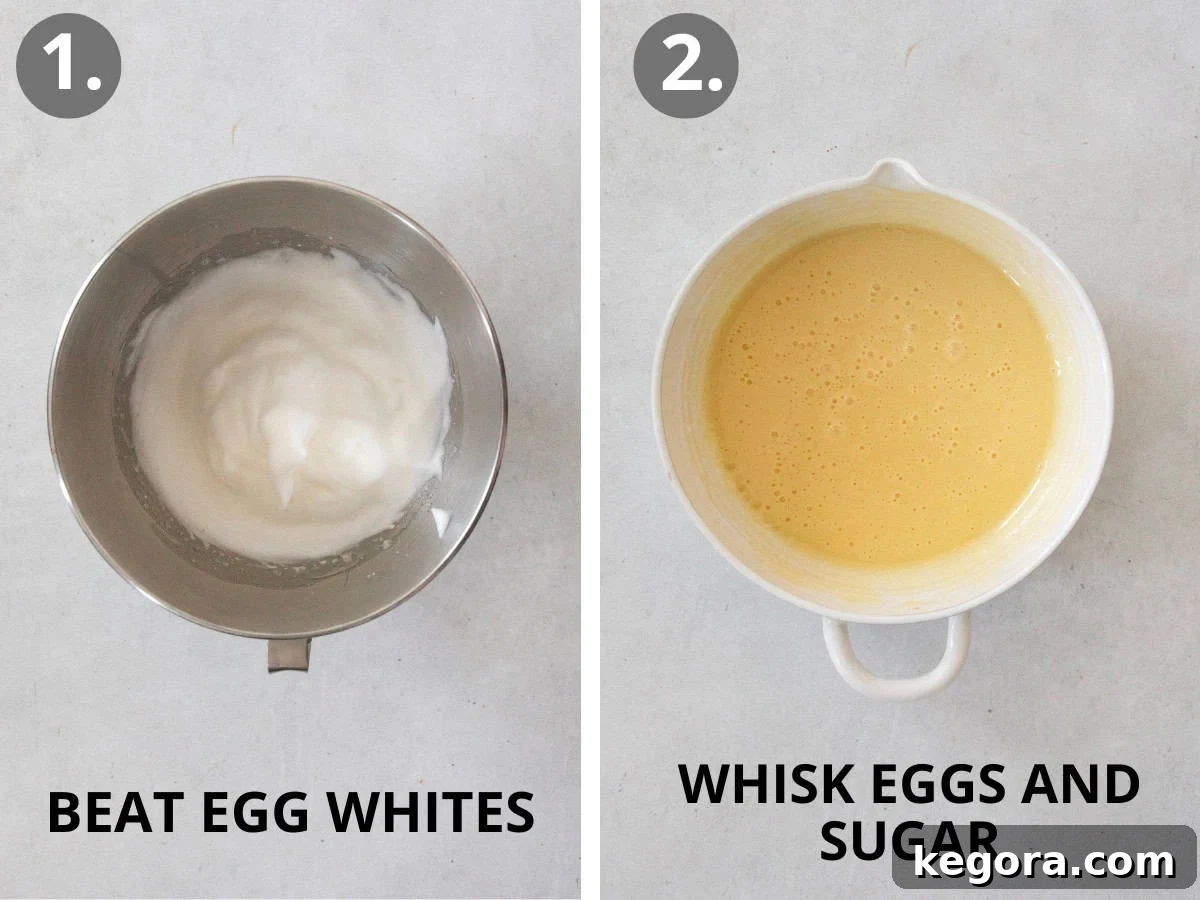 Festive Gluten Free Log Delight 7 Process photo showing egg whites being beaten to stiff peaks and egg yolks whisked with sugar and vanilla