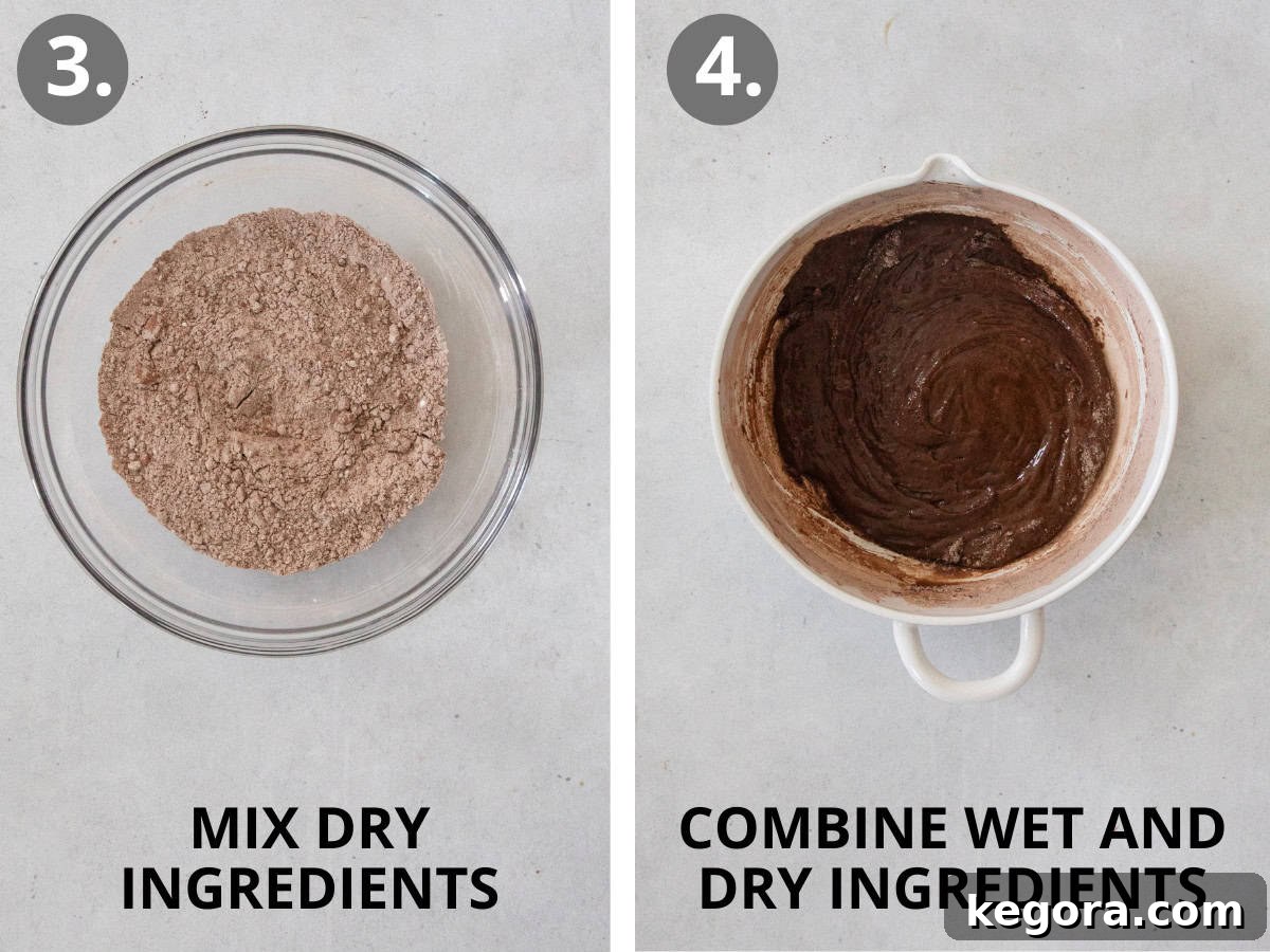 Festive Gluten Free Log Delight 8 Process photo showing dry ingredients whisked in a bowl and then combined with wet ingredients to form the cake batter