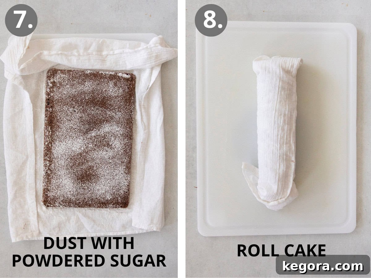 Festive Gluten Free Log Delight 10 Process photo showing a warm cake dusted with powdered sugar on a towel, and the cake gently rolled up in the towel