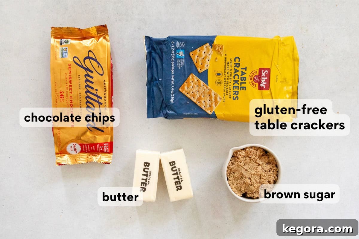 A visually appealing flat lay of gluten-free crackers, chocolate chips, and butter, key ingredients for Christmas crack.