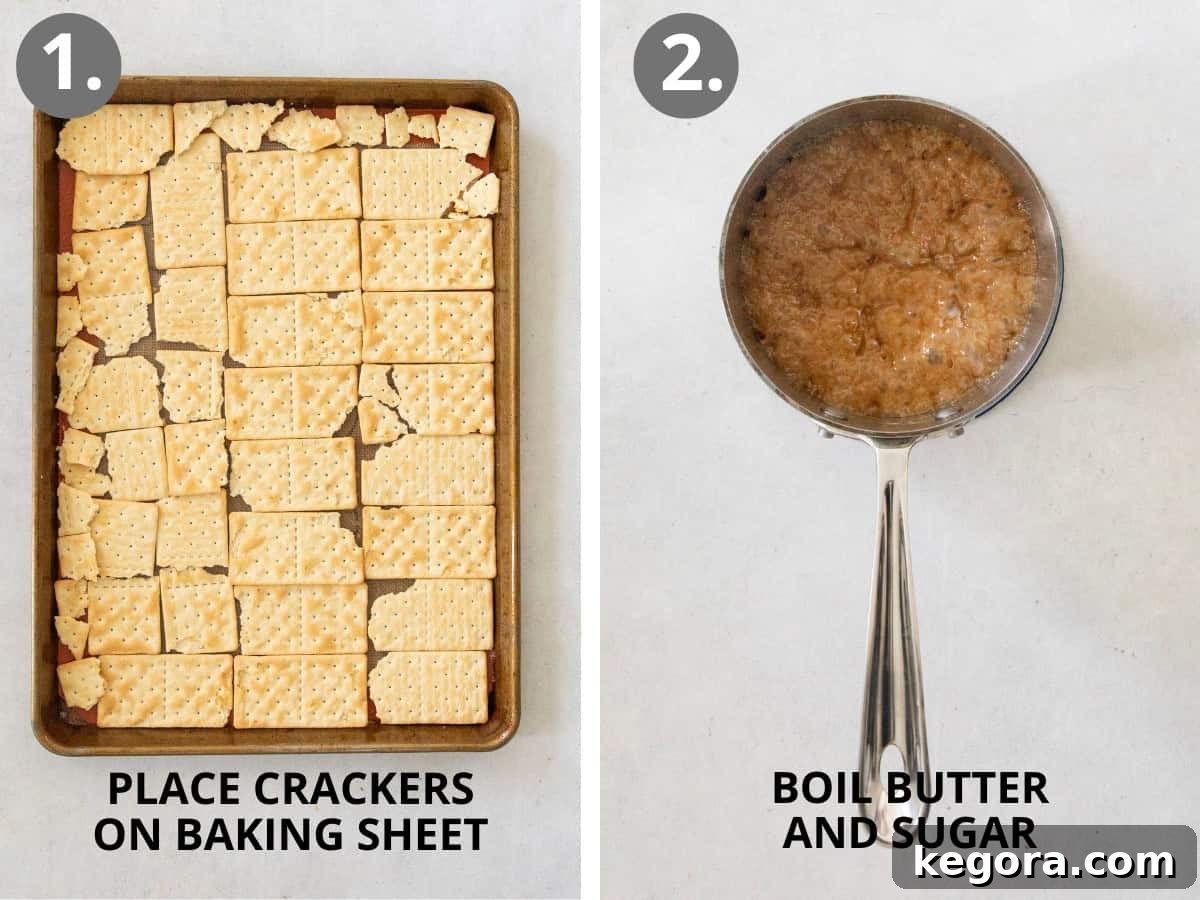 Gluten-free crackers neatly arranged on a baking sheet, with butter and brown sugar simmering in a saucepan.