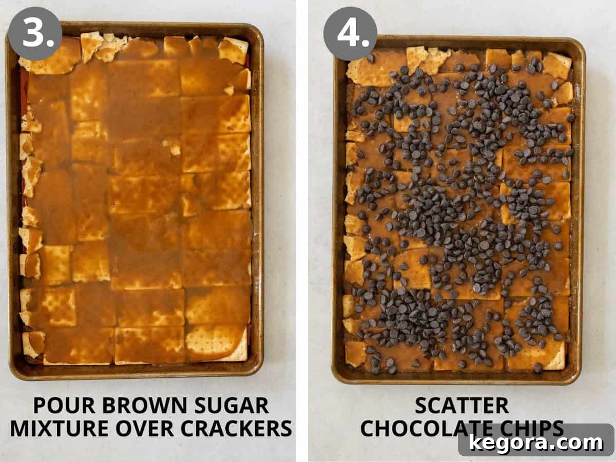 The golden-brown toffee mixture poured evenly over gluten-free crackers, and another image showing chocolate chips being scattered on the warm toffee after baking.