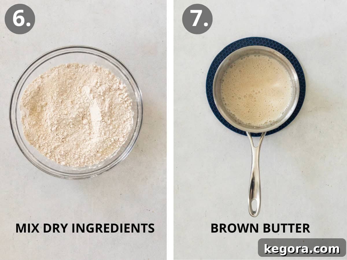 Dry cookie ingredients in a mixing bowl and butter browning in a skillet on the stove.