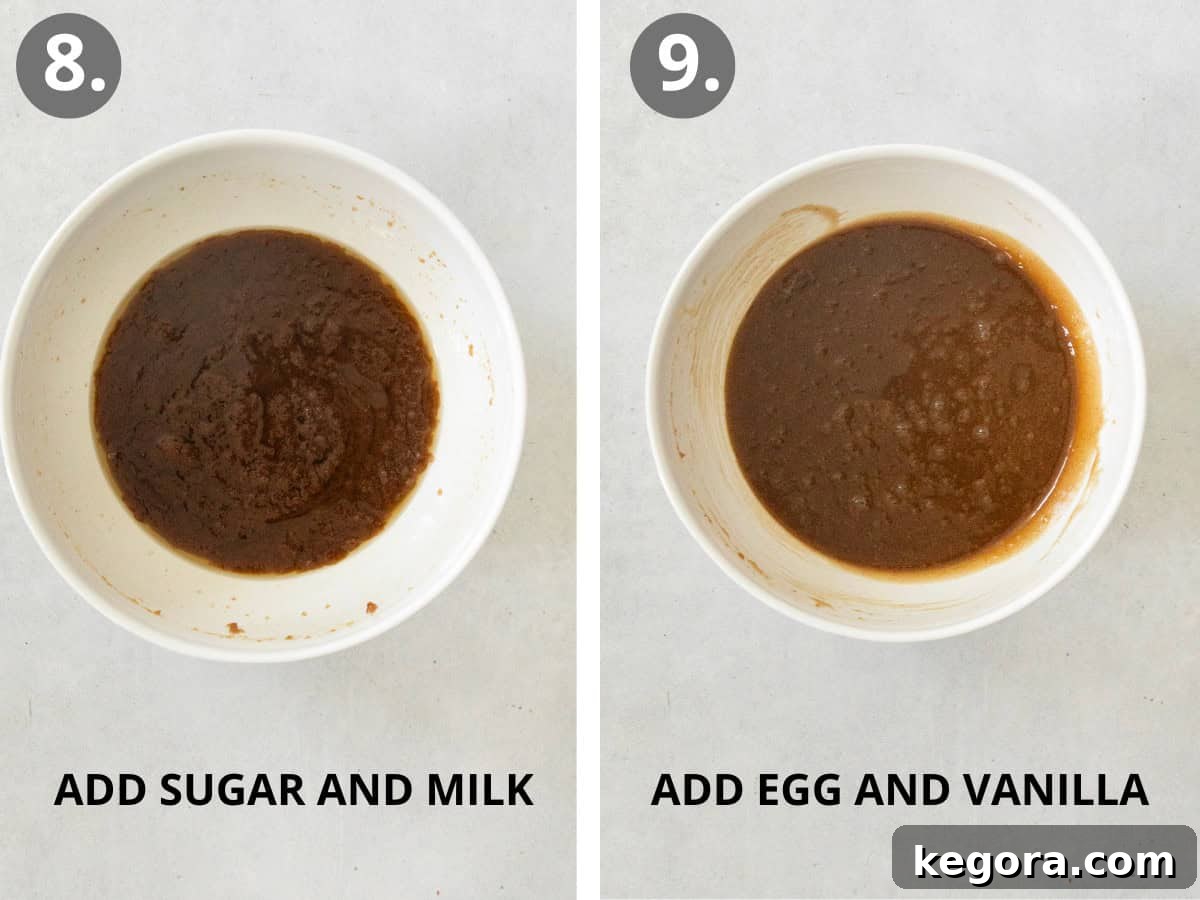 The brown butter mixture with sugars and milk combined in one bowl, and a separate bowl showing eggs and vanilla whisked into a creamy consistency.