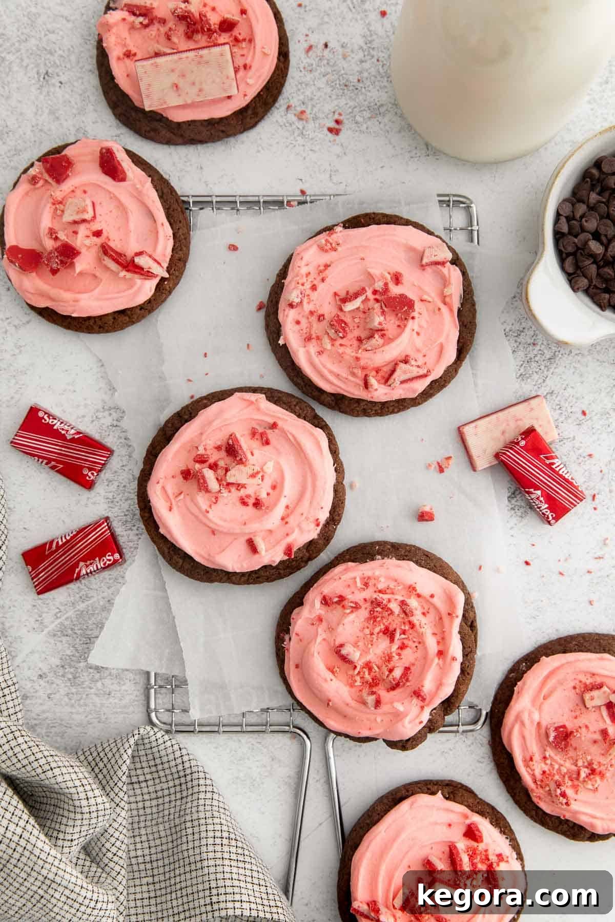 Heavenly Gluten-Free Peppermint Frosted Chocolate Cookies 3 Gluten-free peppermint frosted chocolate cookies on a cooling rack