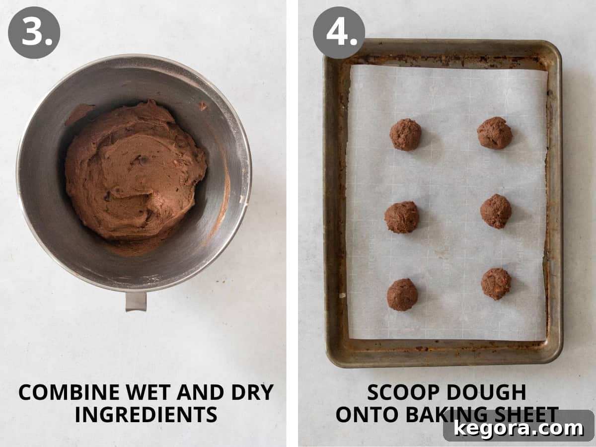Heavenly Gluten-Free Peppermint Frosted Chocolate Cookies 7 wet and dry ingredients combined in a mixing bowl and dough for Gluten-free peppermint frosted chocolate cookies scooped on a cookie sheet