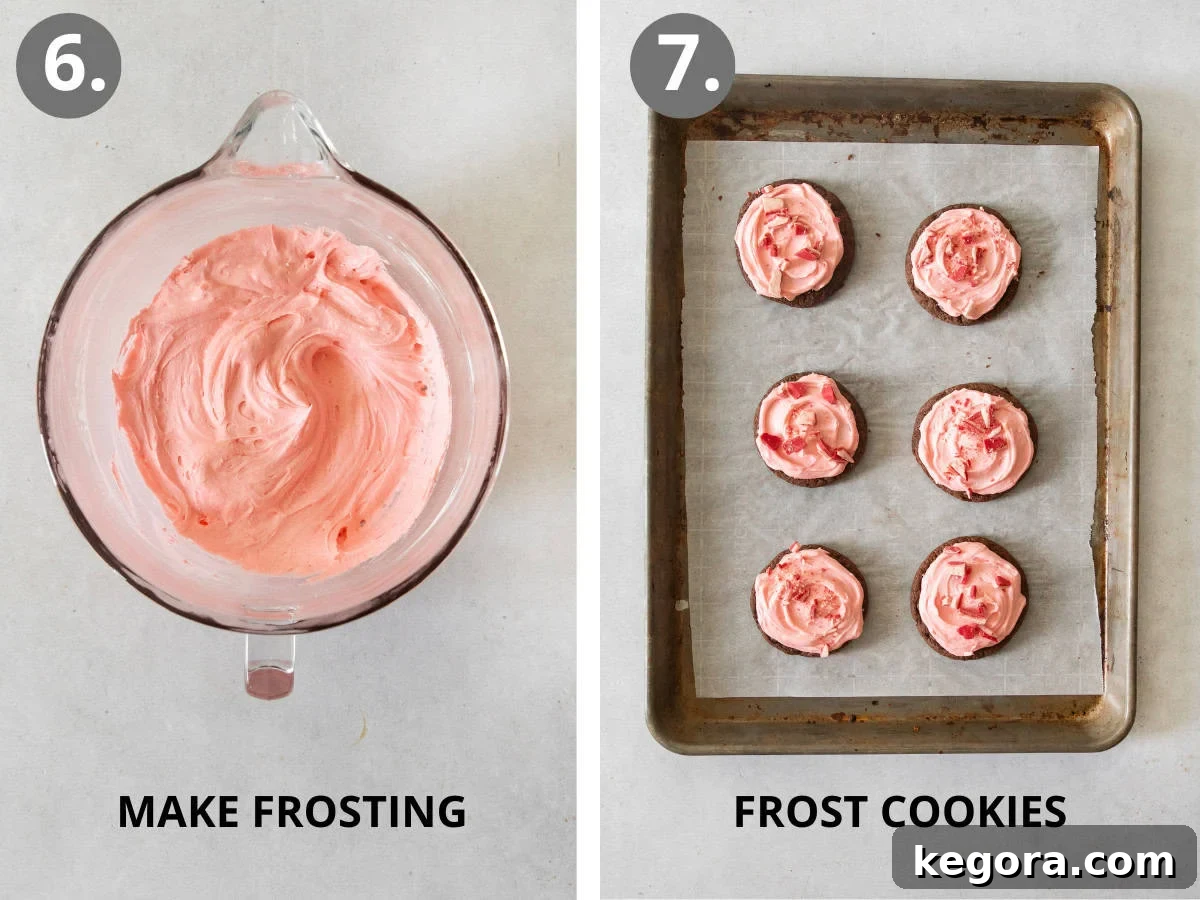Heavenly Gluten-Free Peppermint Frosted Chocolate Cookies 9 Peppermint frosting in a glass bowl and frosted Gluten-free peppermint frosted chocolate cookies on a cookie sheet