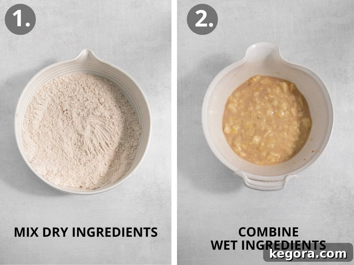 Dry ingredients in a bowl and mashed bananas in a bowl