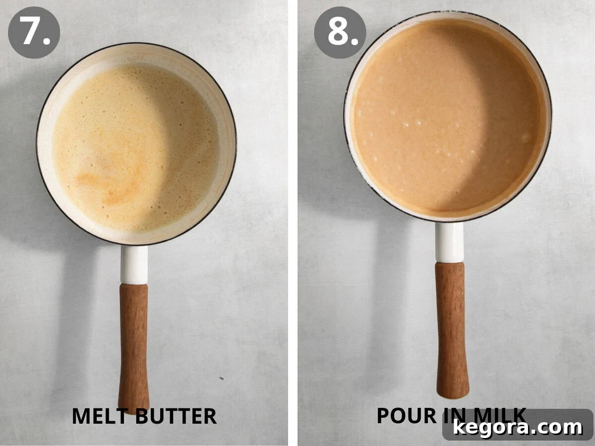 Melted butter in a sauce pan, and browned butter in a sauce pan