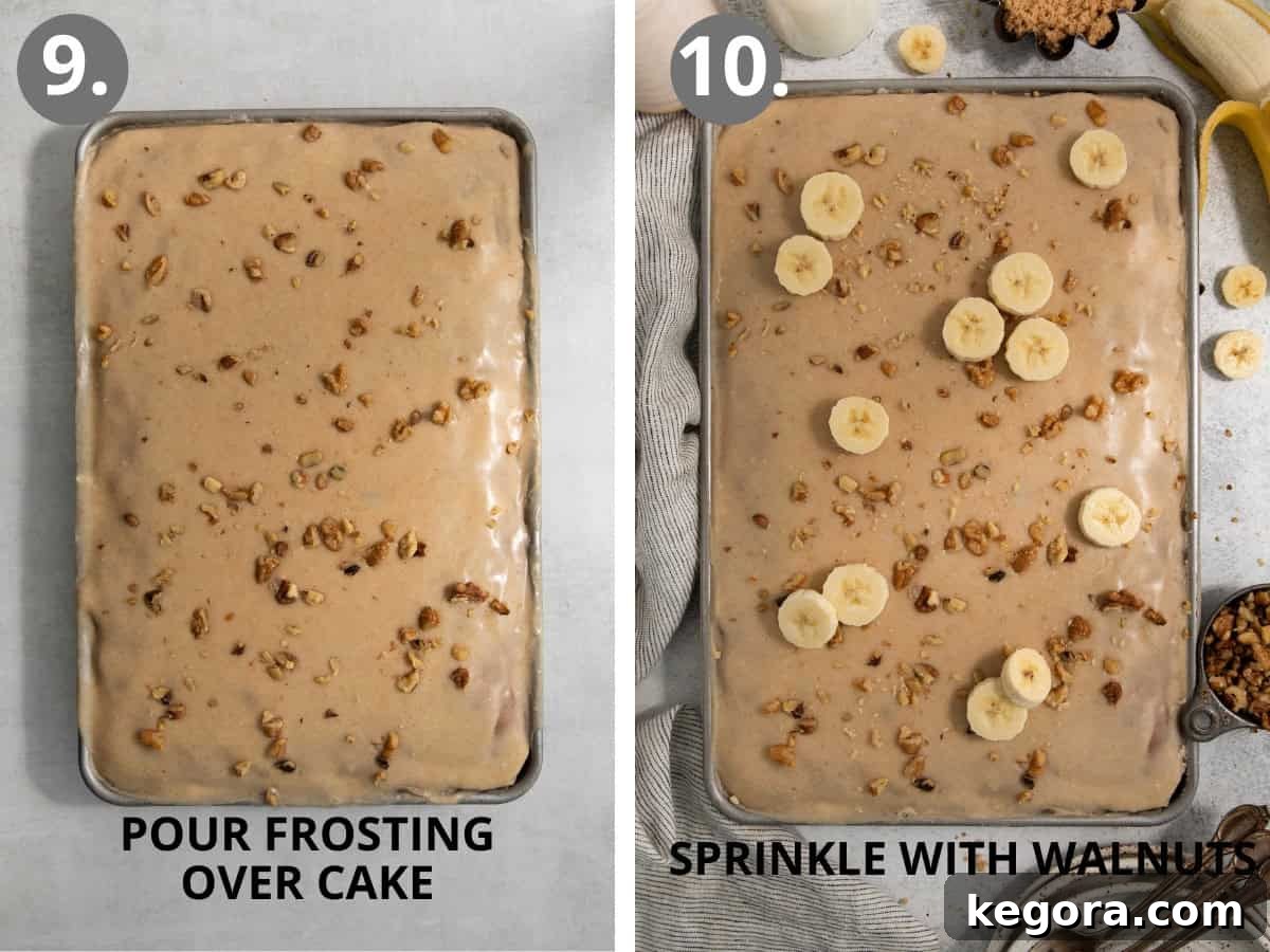 Gluten-free brown butter banana bars with frosting and chopped walnuts on top, and banana bars with banana slices on top