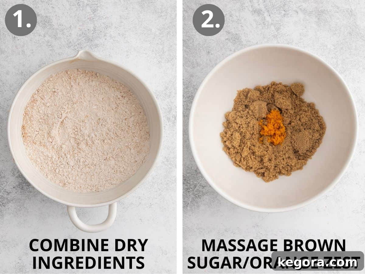 Your Gluten-Free Starbucks Bliss Fix 6 Step-by-step photos showing dry ingredients being whisked and orange zest being massaged into brown sugar.