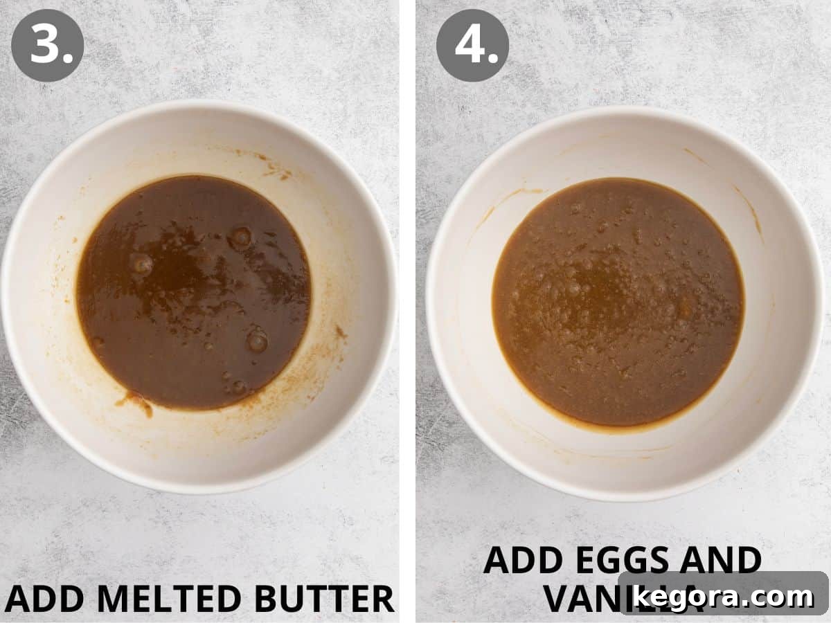 Starbucks-Inspired Gluten-Free Bliss Bars 7 Steps 3 and 4: adding melted butter, eggs, and vanilla to the bliss bar mixture.