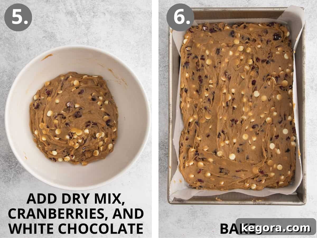Starbucks-Inspired Gluten-Free Bliss Bars 8 Steps 5 and 6: adding dry mix and remaining ingredients, then baking the gluten-free bliss bars.