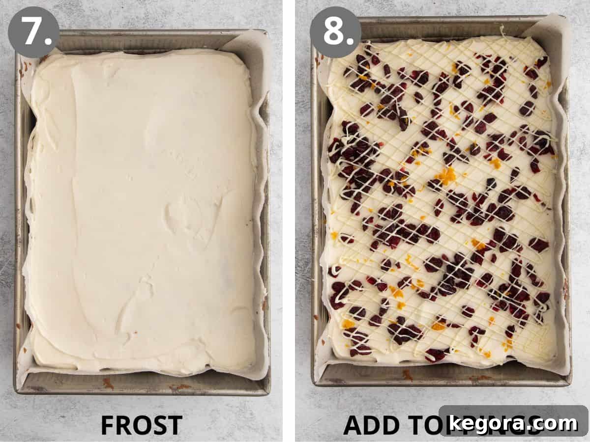 Starbucks-Inspired Gluten-Free Bliss Bars 9 Steps 7 and 8: making frosting, frosting the blondie base, and adding toppings to gluten-free bliss bars.