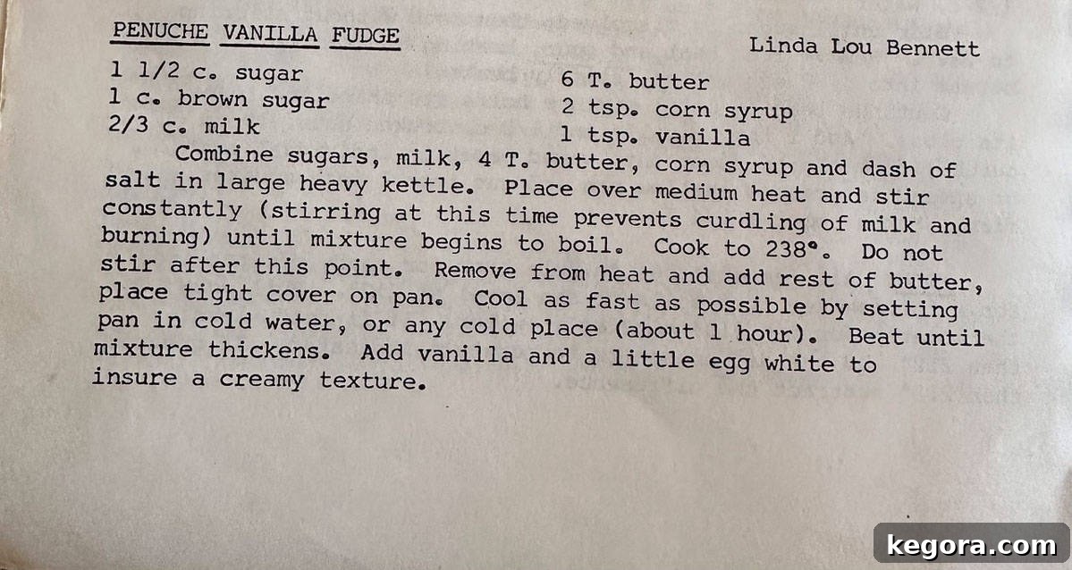 Golden Vanilla Penuche Fudge 4 A scan of the original, handwritten recipe from a 1970s church cookbook, showing the authentic instructions for vanilla penuche fudge.
