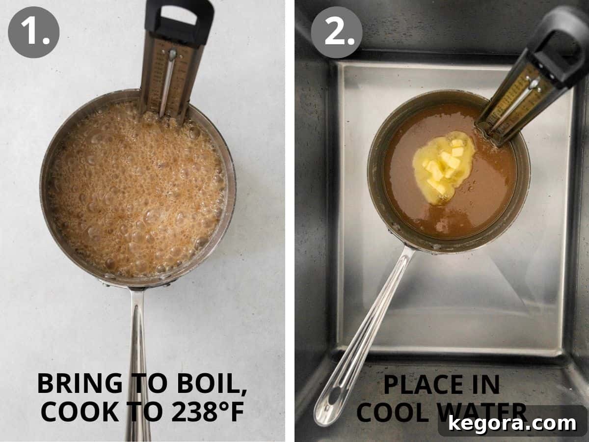 Golden Vanilla Penuche Fudge 6 Step-by-step photos illustrating boiling the fudge mixture and then placing the saucepan in cool water for controlled cooling.
